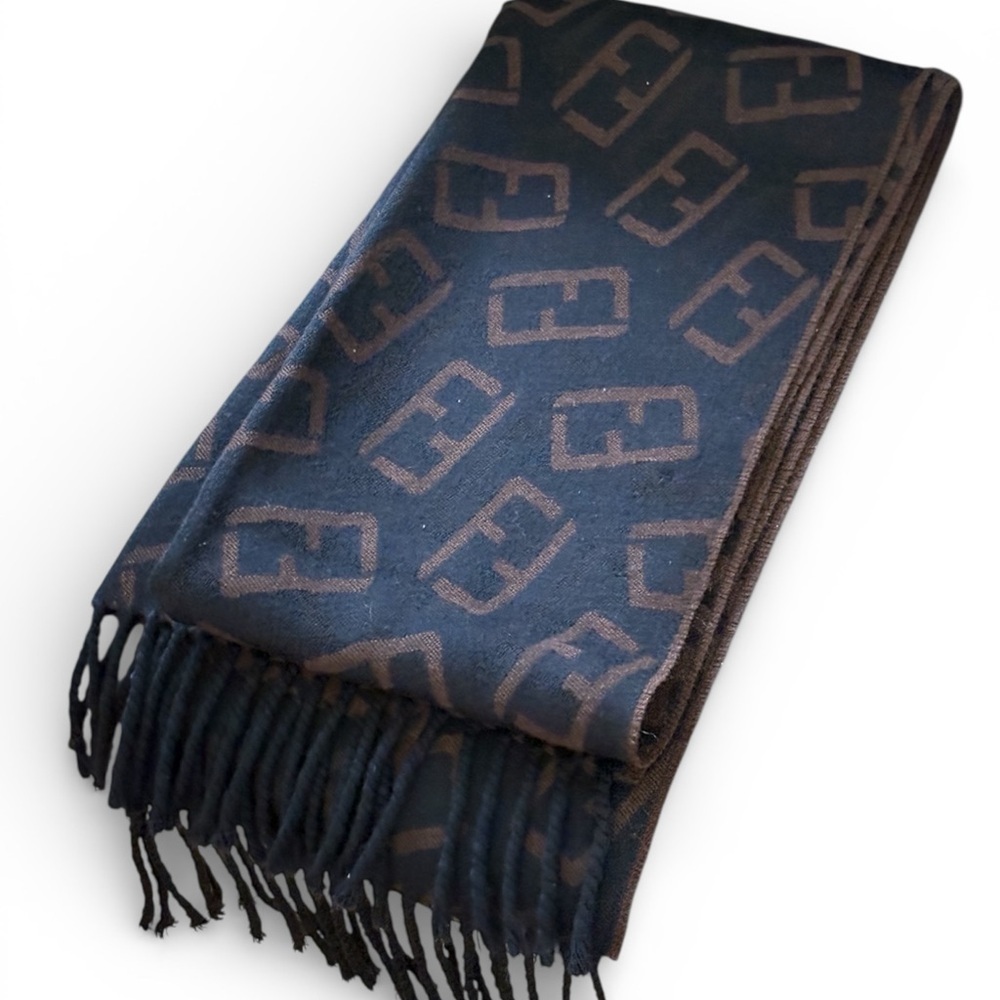 FENDI Wool Brown warm scarves with logo accent